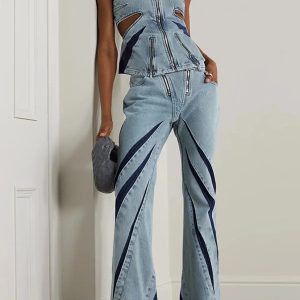 Grunge Style Denim Cut Out Tube Top & Patch Jeans Aesthetic Set