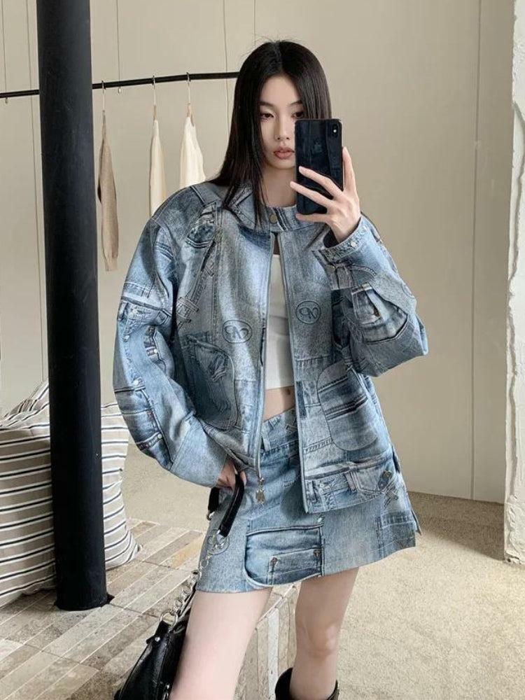 Grunge Style Denim Jacket & Mini Skirt Set - Aesthetic Outfit Essentials