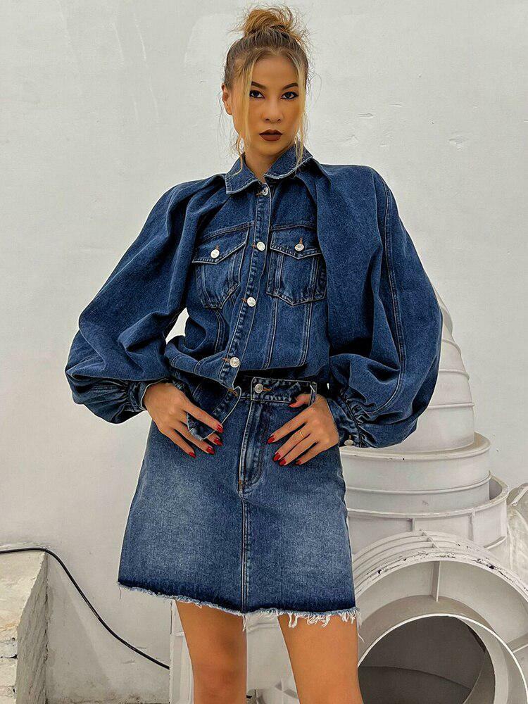 Grunge Style Denim Jacket & Skirt Two Piece Set for Aesthetic Outfits