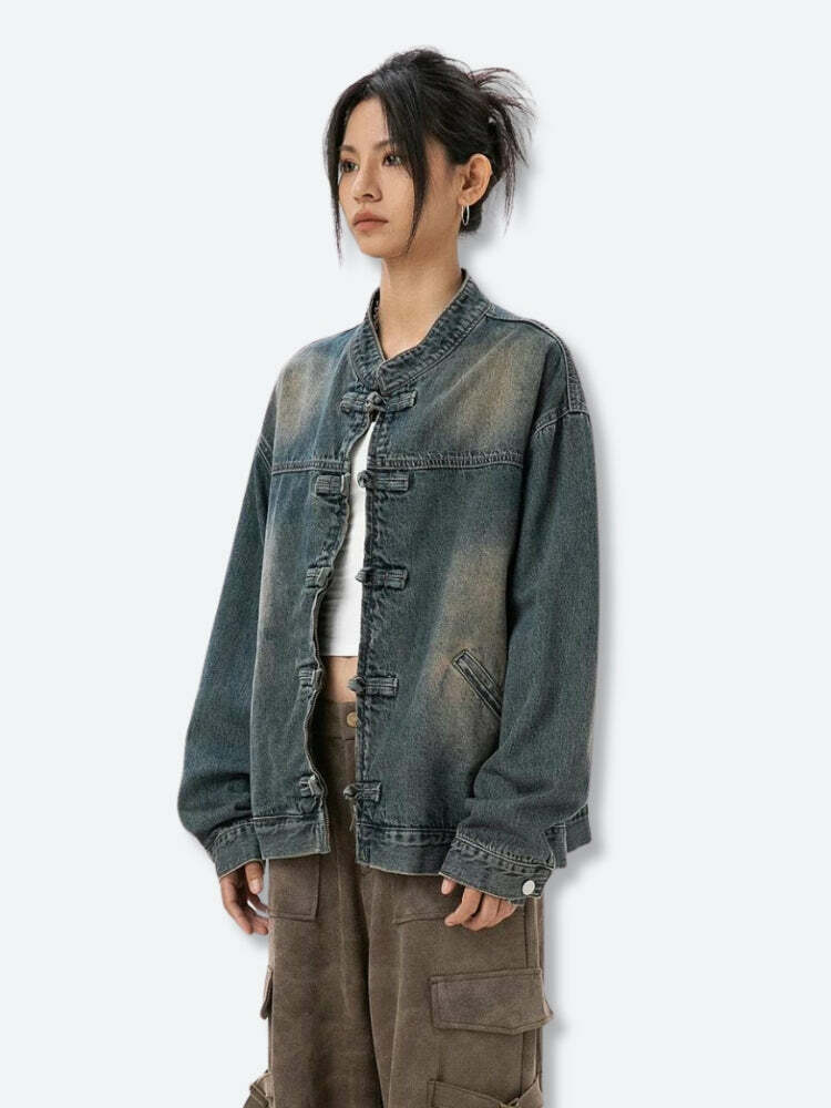 Grunge Style Distressed Denim Jacket - Aesthetic Cropped Layering Piece