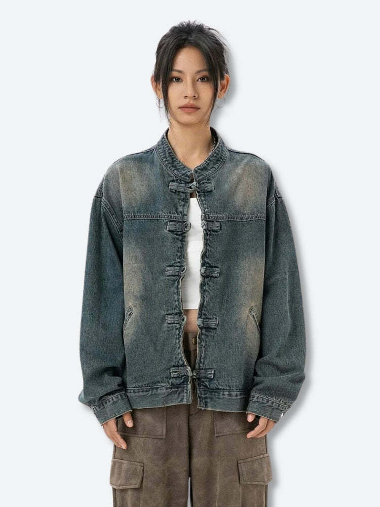 Grunge Style Distressed Denim Jacket - Aesthetic Cropped Layering Piece