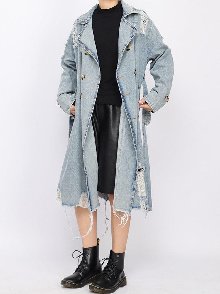 Grunge Style Distressed Denim Trench Coat for Aesthetic Outfits