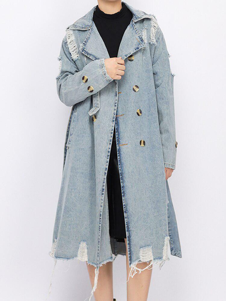 Grunge Style Distressed Denim Trench Coat for Aesthetic Outfits