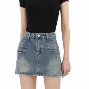 Grunge Style Fake Pocket Denim Mini Skirt for Aesthetic Outfits