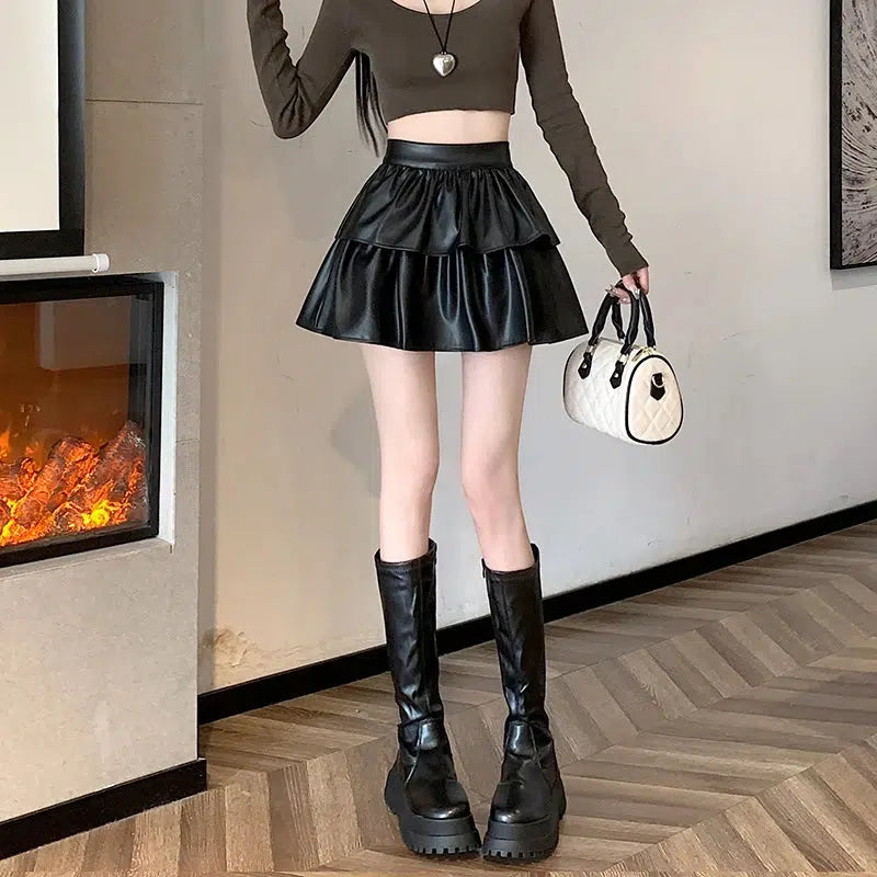 Grunge Style Faux Leather A-Line Mini Skirt for Aesthetic Outfits