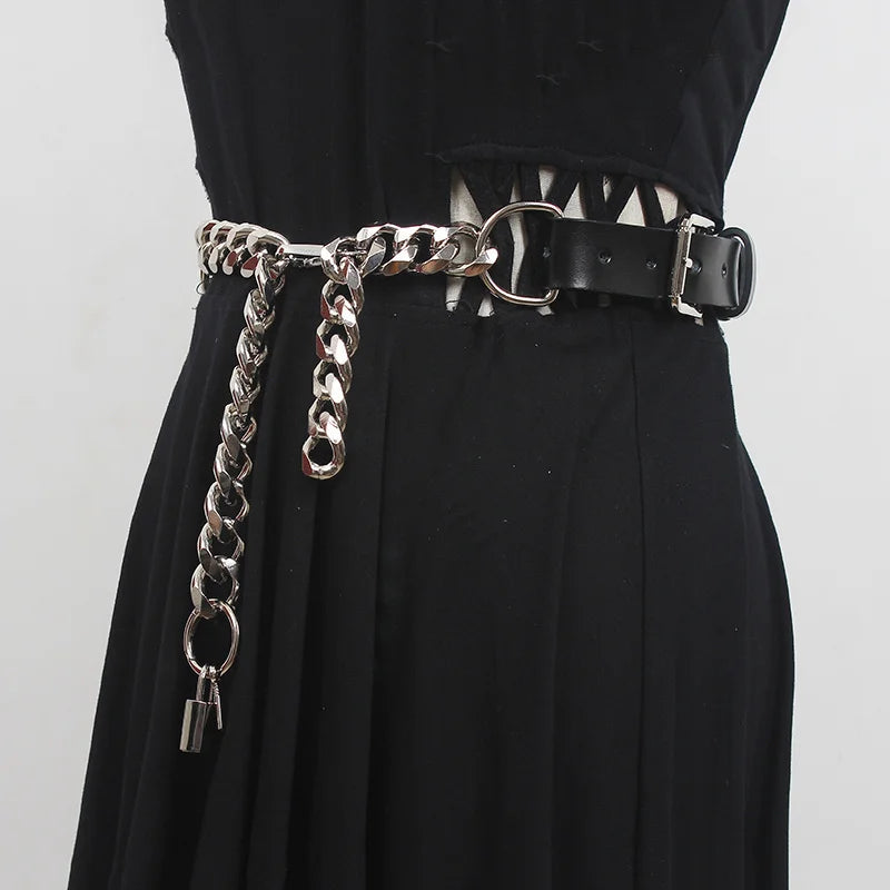 Grunge Style Faux Leather Chain Belt for Aesthetic Outfits