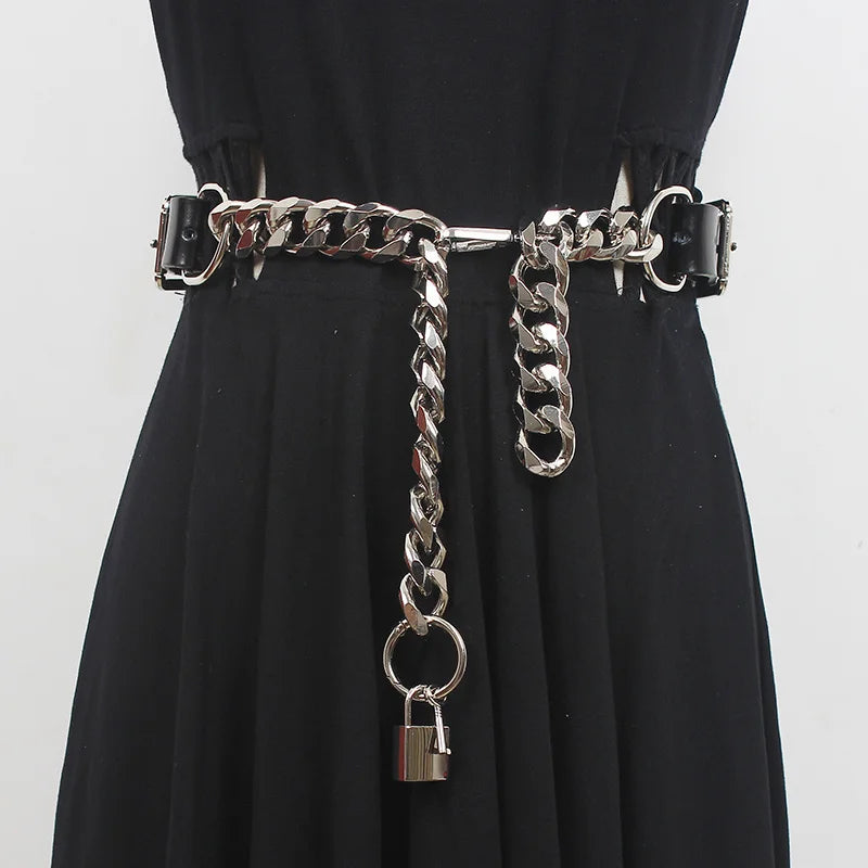 Grunge Style Faux Leather Chain Belt for Aesthetic Outfits