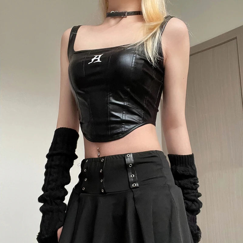 Grunge Style Faux Leather Cropped Corset Top for Aesthetic Outfits