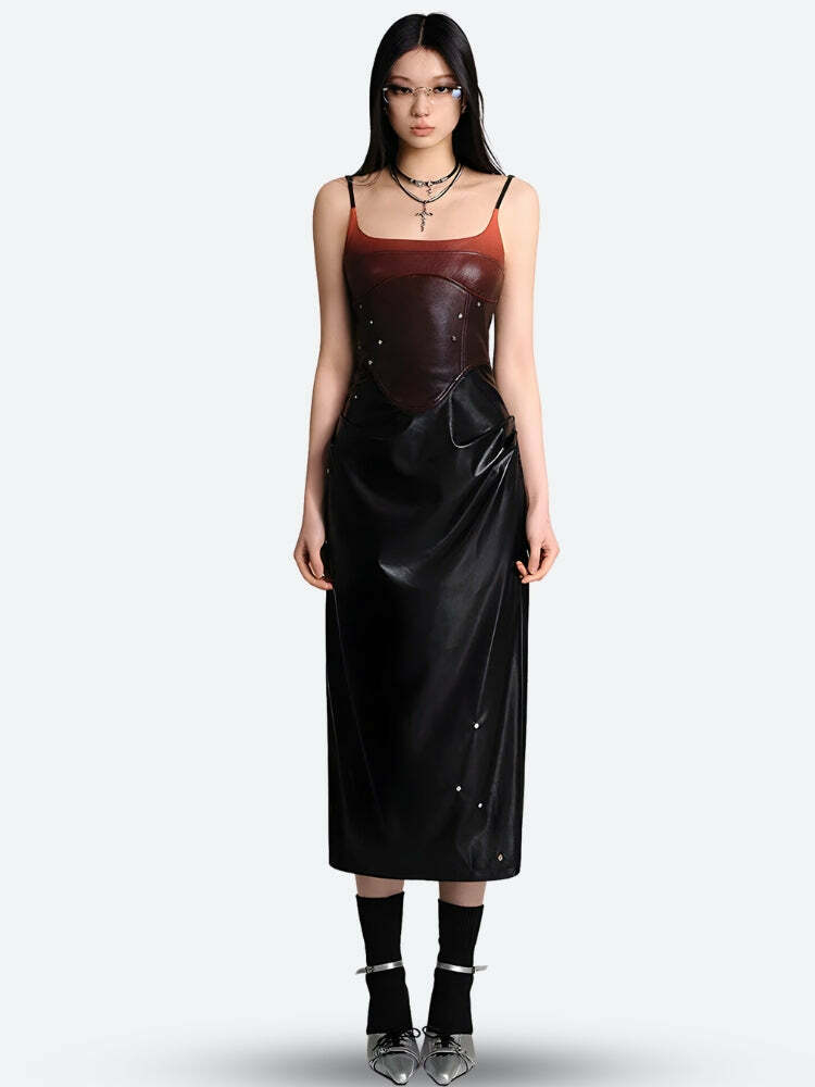 Grunge Style Faux Leather Midi Dress - Aesthetic Cyberpunk Fashion