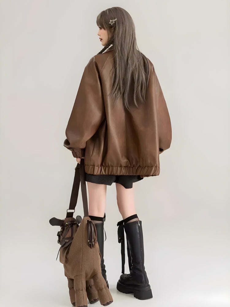 Grunge Style Faux Leather Oversized Jacket for Aesthetic Outfits