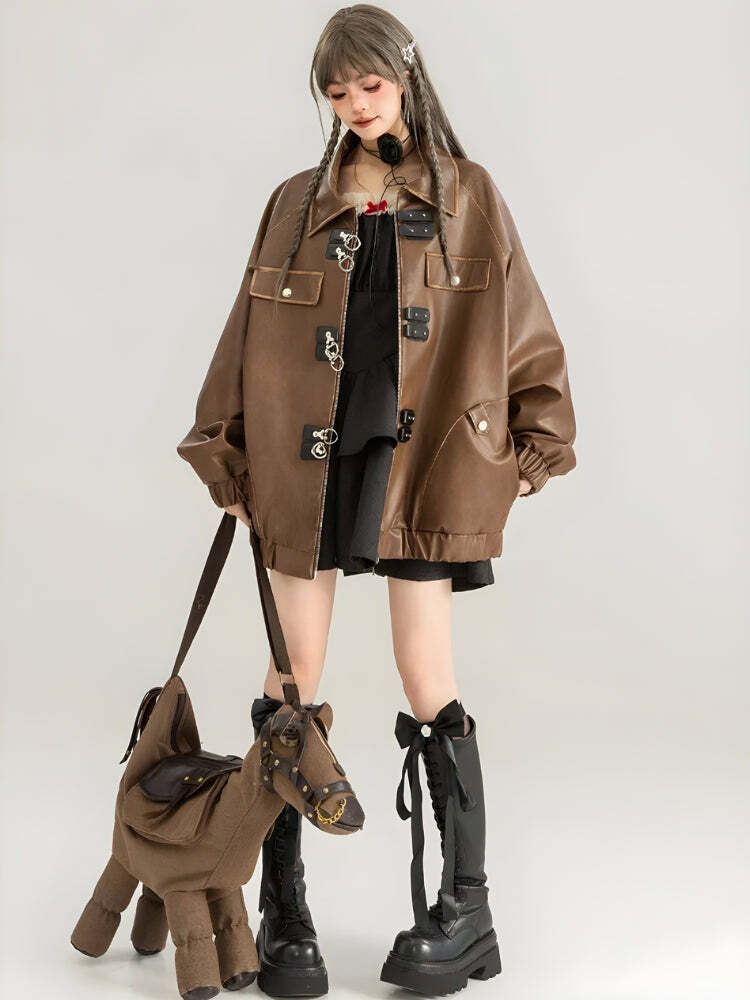 Grunge Style Faux Leather Oversized Jacket for Aesthetic Outfits