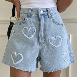 Grunge Style Heart Patch Denim Shorts for Soft Girl Aesthetic Outfits