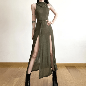 Grunge Style Hooded Slit Maxi Dress - Aesthetic Gothic Fashion Outfit