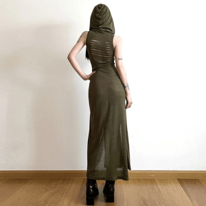 Grunge Style Hooded Slit Maxi Dress - Aesthetic Gothic Fashion Outfit