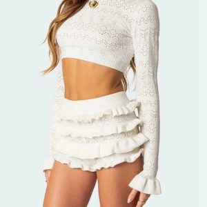 Grunge Style Knitted Crop Sweater Vest & Ruffled Shorts Set