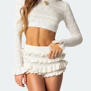 Grunge Style Knitted Crop Sweater Vest & Ruffled Shorts Set