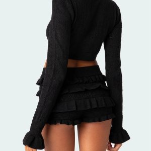 Grunge Style Knitted Crop Sweater Vest & Ruffled Shorts Set