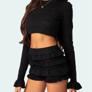 Grunge Style Knitted Crop Sweater Vest & Ruffled Shorts Set