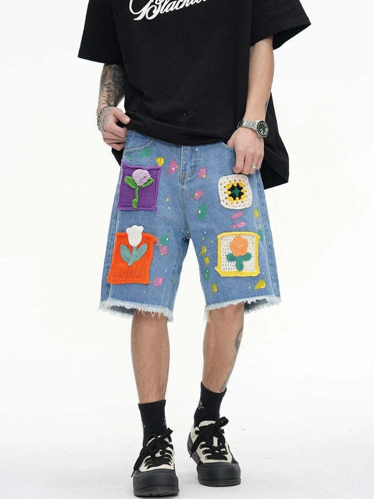 Grunge Style Knitted Flower Patch Denim Shorts for Aesthetic Outfits