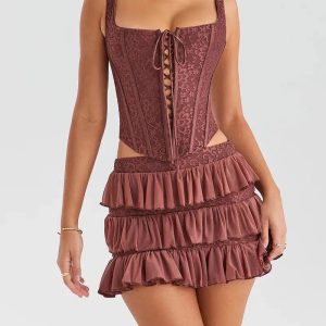 Grunge Style Lace Corset Top & Mini Skirt Two Piece Aesthetic Set