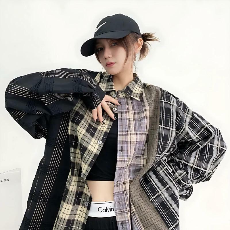 Grunge Style Multi-Pattern Plaid Shirt - Aesthetic Outfit Essential