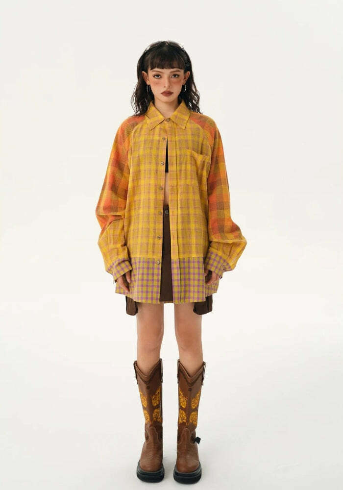 Grunge Style Multi-Pattern Plaid Shirt for Aesthetic Outfits