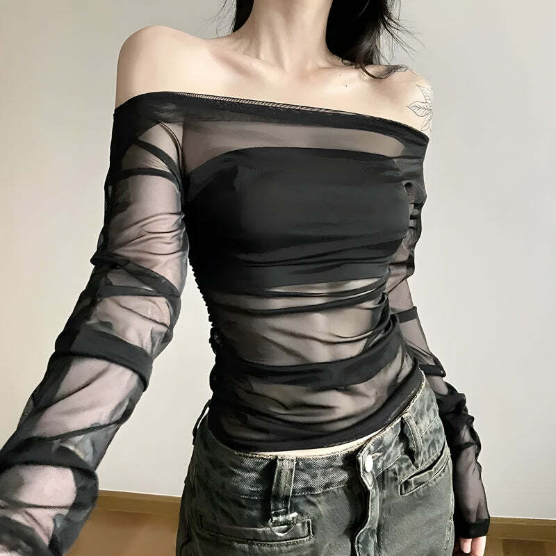 Grunge Style Off Shoulder Mesh Top - Aesthetic Clothing for Unique Looks