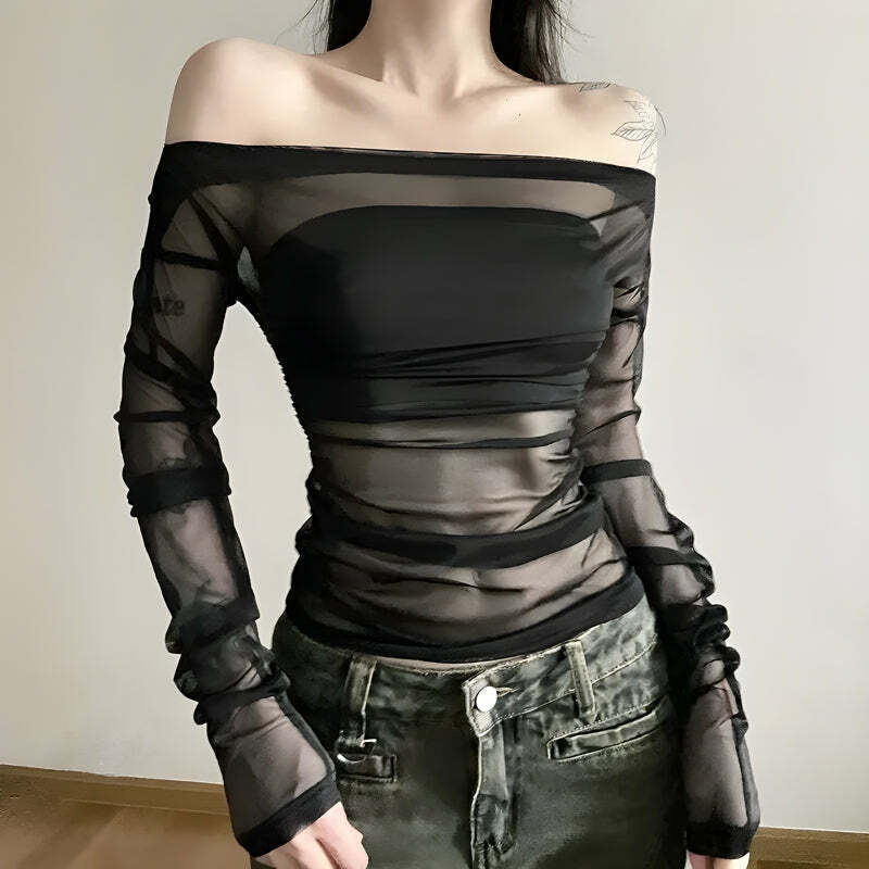 Grunge Style Off Shoulder Mesh Top - Aesthetic Clothing for Unique Looks