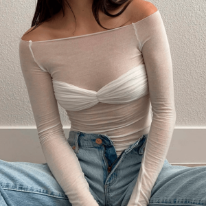 Grunge Style Off-Shoulder Mesh Top - Aesthetic Clothing for Unique Outfits