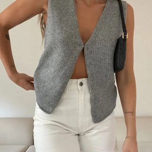 Grunge Style Open Front Knitted Cardigan Vest - Aesthetic Layering Essential