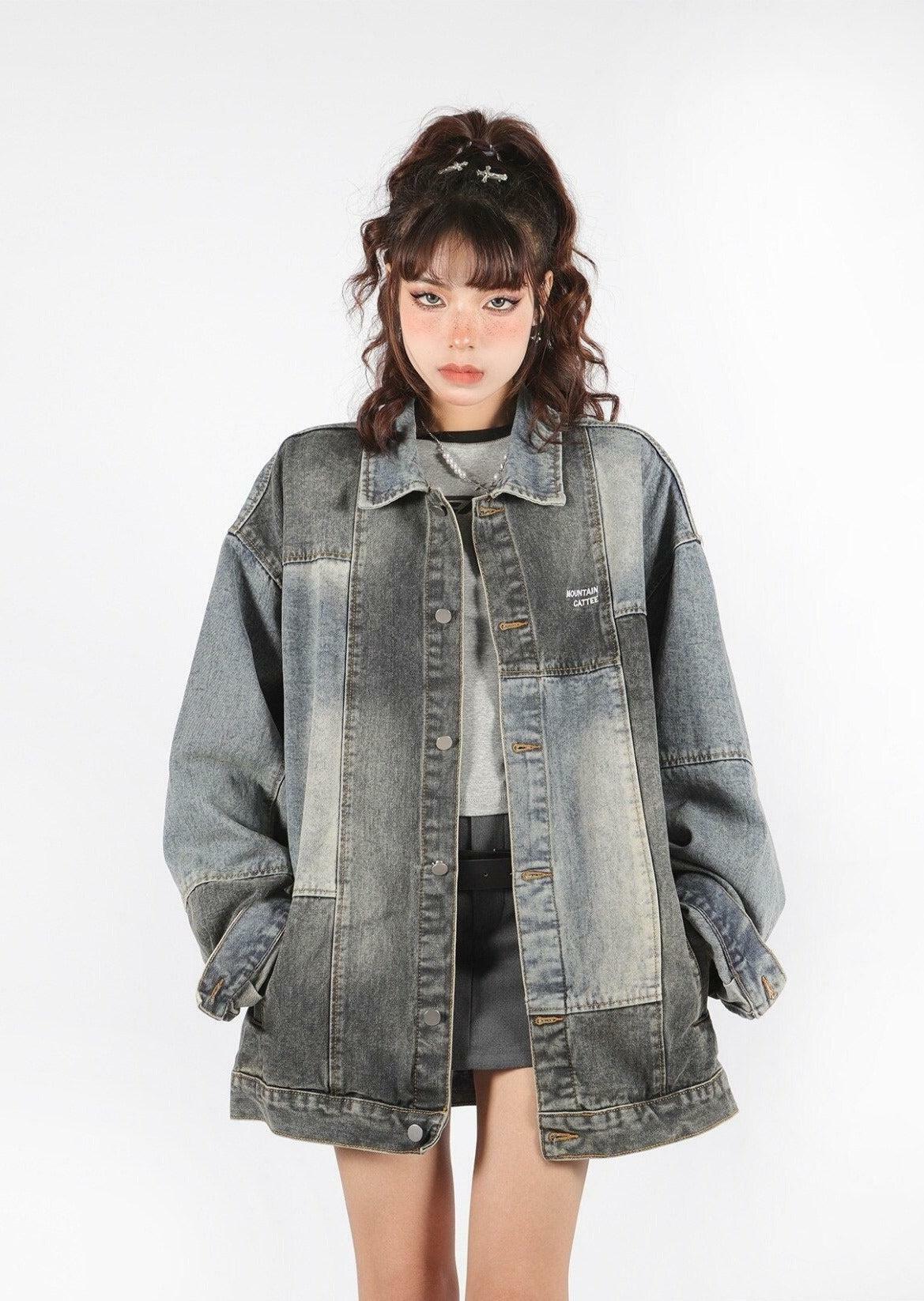 Grunge Style Oversized Denim Jacket - Aesthetic Patchwork Fashion