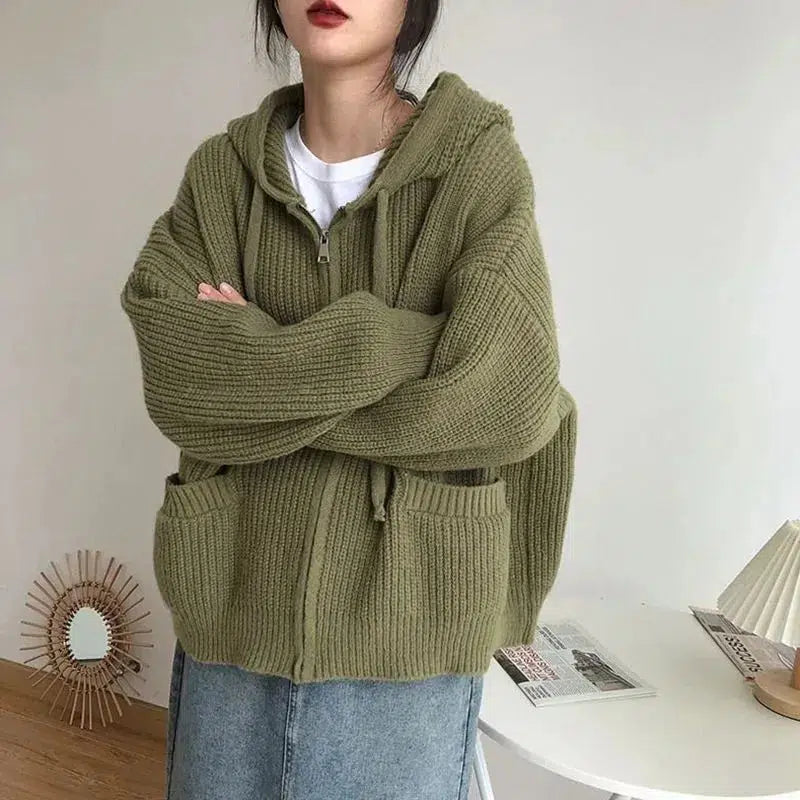 Grunge Style Oversized Knitted Hooded Cardigan for Aesthetic Outfits