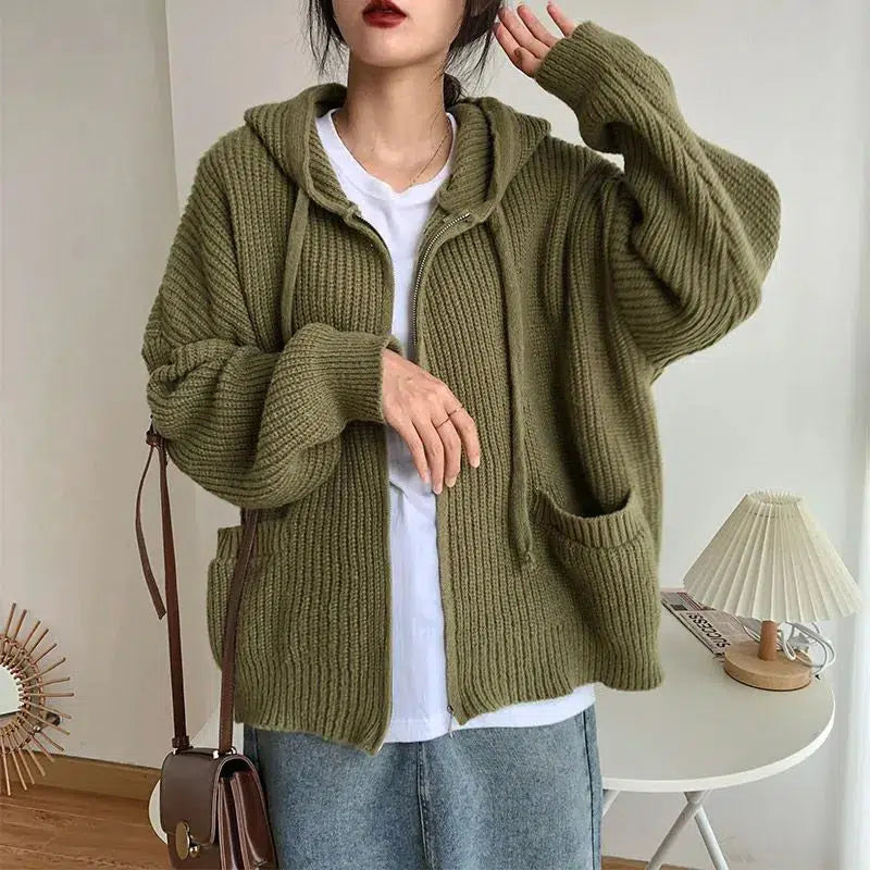 Grunge Style Oversized Knitted Hooded Cardigan for Aesthetic Outfits