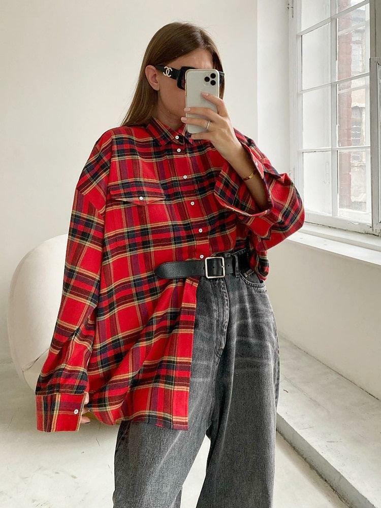 Grunge Style Oversized Plaid Shirt - Aesthetic Outfit Essential