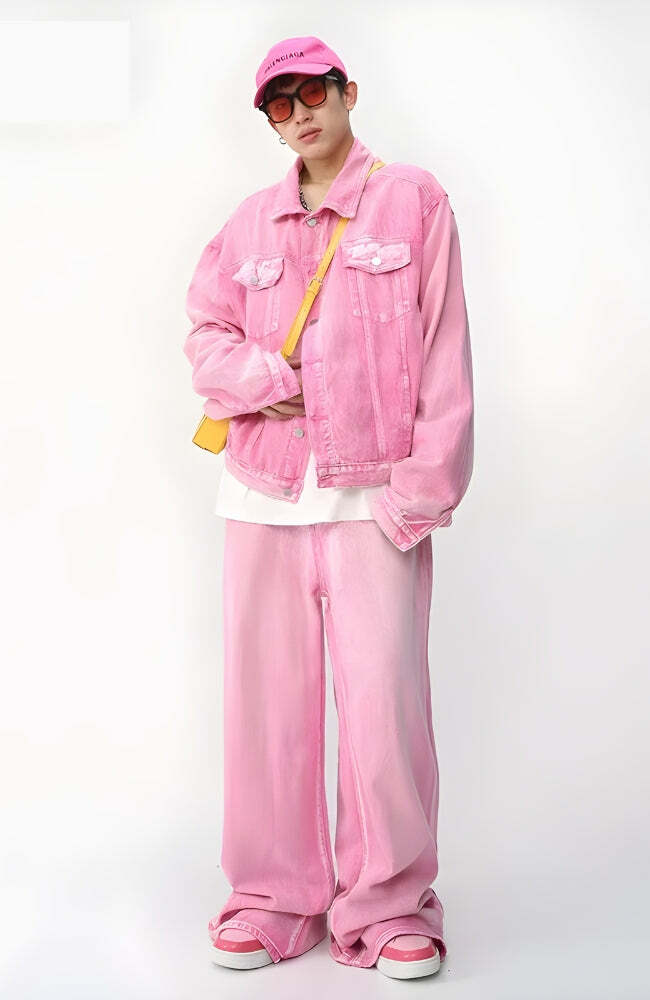 Grunge Style Pink Denim Jacket & Pants Set - Aesthetic Outfit Essentials