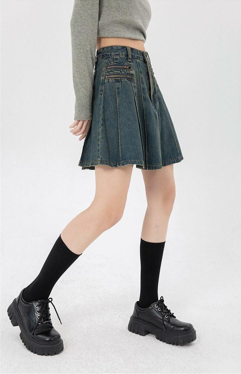 Grunge Style Pleated Denim Mini Skirt - Aesthetic Soft Girl Outfit