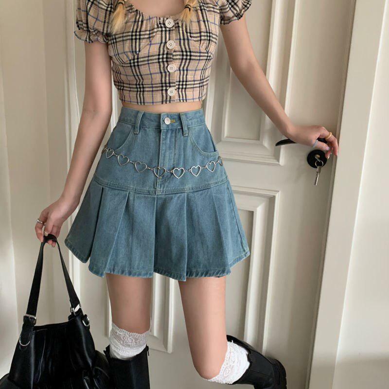 Grunge Style Pleated Denim Mini Skirt - Aesthetic Soft Girl Outfit