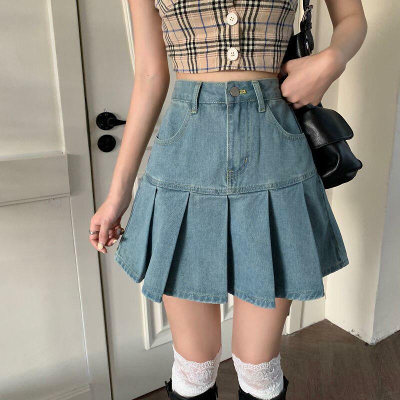 Grunge Style Pleated Denim Mini Skirt - Aesthetic Soft Girl Outfit