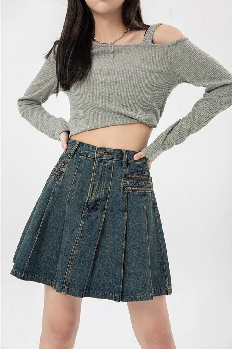 Grunge Style Pleated Denim Mini Skirt - Aesthetic Soft Girl Outfit