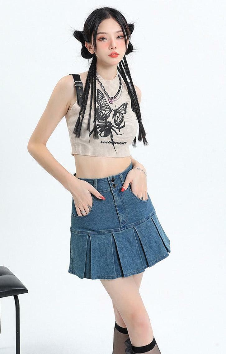 Grunge Style Pleated Denim Mini Skort - Aesthetic Y2K Fashion Essential