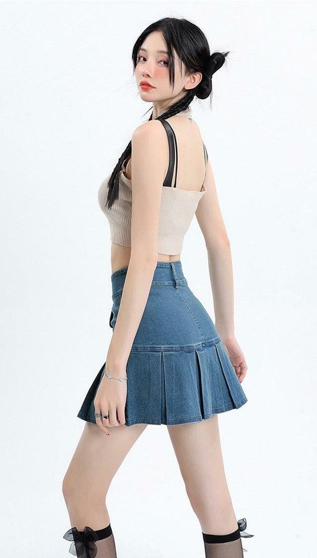 Grunge Style Pleated Denim Mini Skort - Aesthetic Y2K Fashion Essential