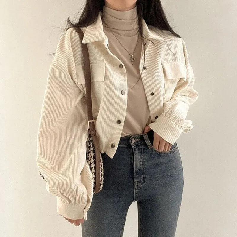 Grunge Style Puff Sleeved Corduroy Crop Shirt for Aesthetic Outfits