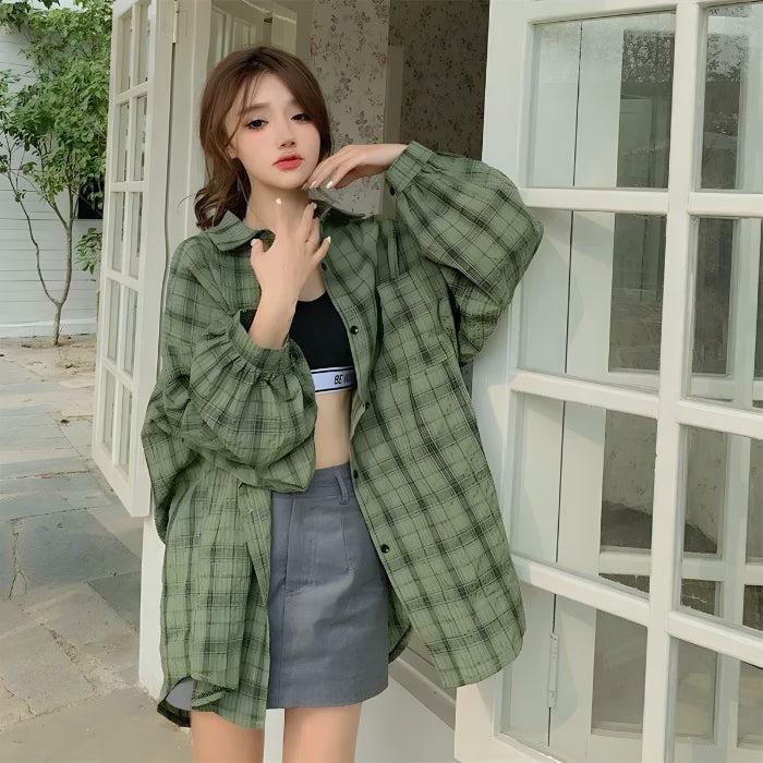 Grunge Style Puff Sleeved Plaid Shirt - Aesthetic Outfit Essential