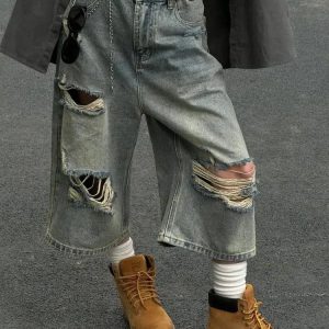 Grunge Style Ripped Jean Shorts - Aesthetic Denim for Soft Girl Looks