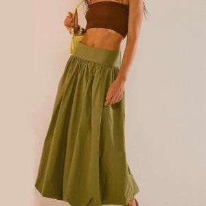 Grunge Style Ruched Bubble Hem Midi Skirt - Aesthetic Fashion Essential