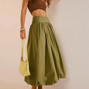 Grunge Style Ruched Bubble Hem Midi Skirt - Aesthetic Fashion Essential