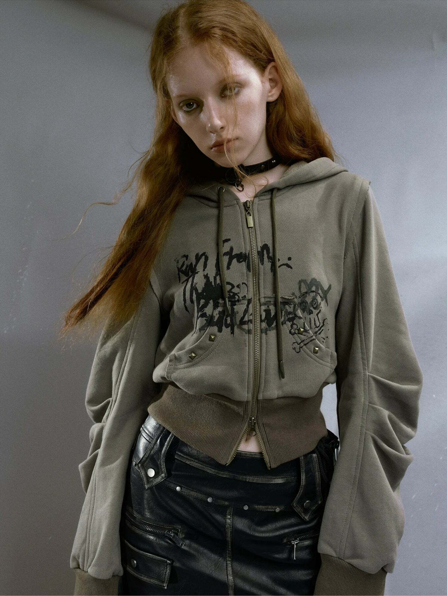 Grunge Style Ruched Sleeve Hoodie - Aesthetic Soft Girl & Gothic Fashion