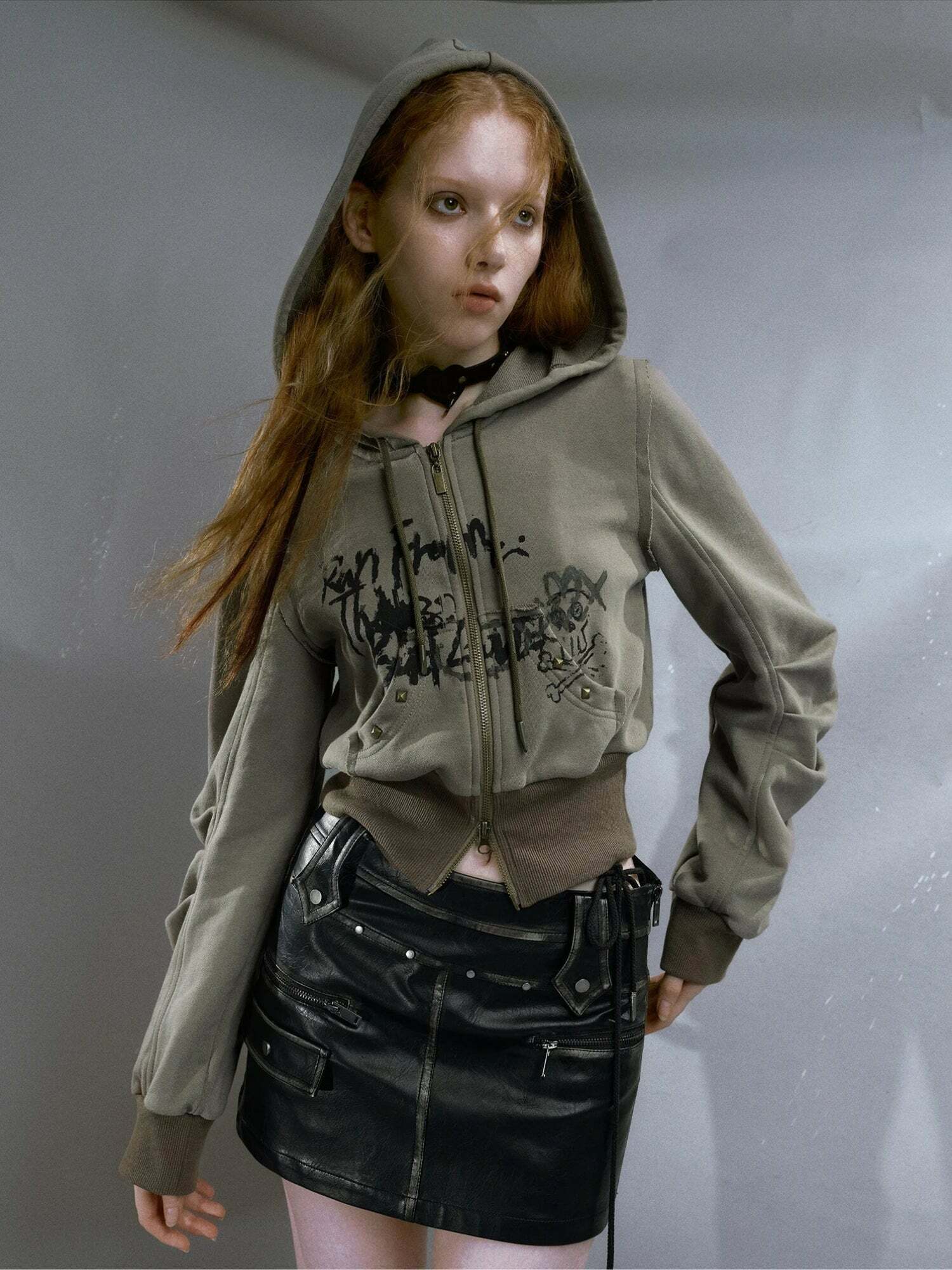 Grunge Style Ruched Sleeve Hoodie - Aesthetic Soft Girl & Gothic Fashion