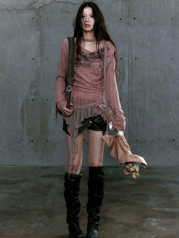 Grunge Style Ruffled Neck Tie Top - Aesthetic Clothing for Unique Outfits