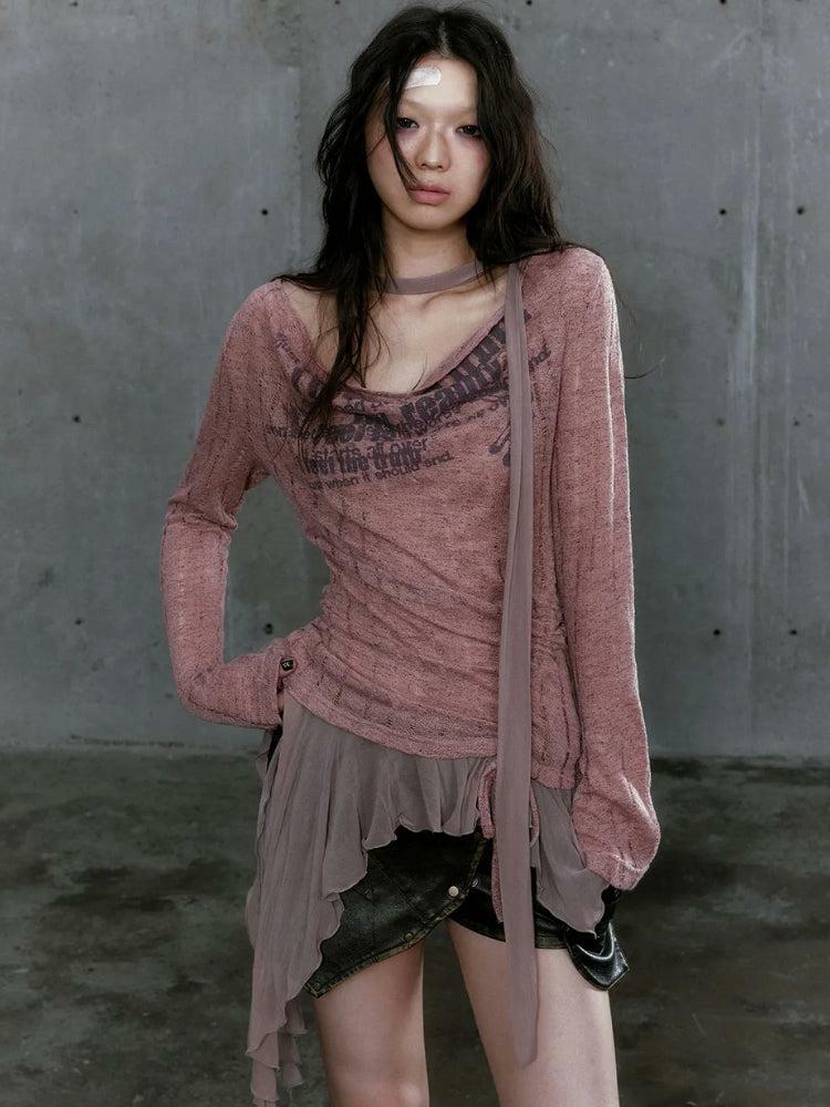 Grunge Style Ruffled Neck Tie Top - Aesthetic Clothing for Unique Outfits